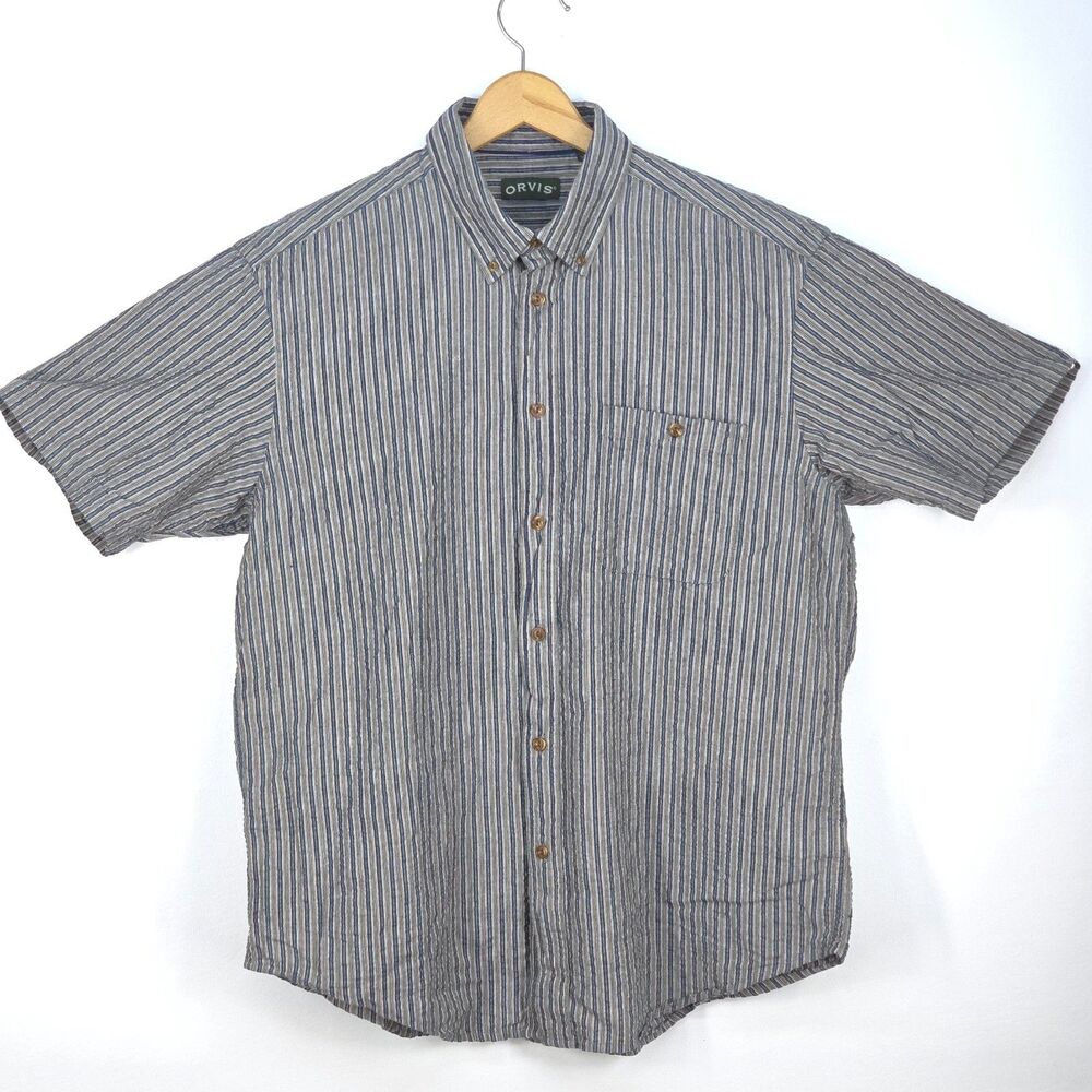 ORVIS Button Front Shirt Mens XL Blue Beige‎ Stripe Resortwear Beachwear Coastal